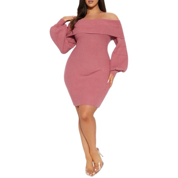 Plus Size, Fashion Nova Pink Ribbed Off-Shoulder Bodycon Dress, 2X - Picture 1 of 7